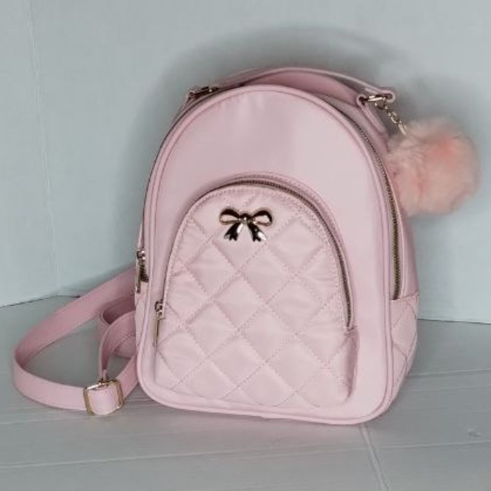 LD Girls( Kids) Pink Backpack With Pink Pom Pom & Gold Bow